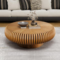 31.5' Round Drum Coffee Table, Modern Fluted Tea Table with Solid Wood Veneer, Wooden Circle Center Table for Living Room, Small Spaces, and Apartments, Easy Assembly