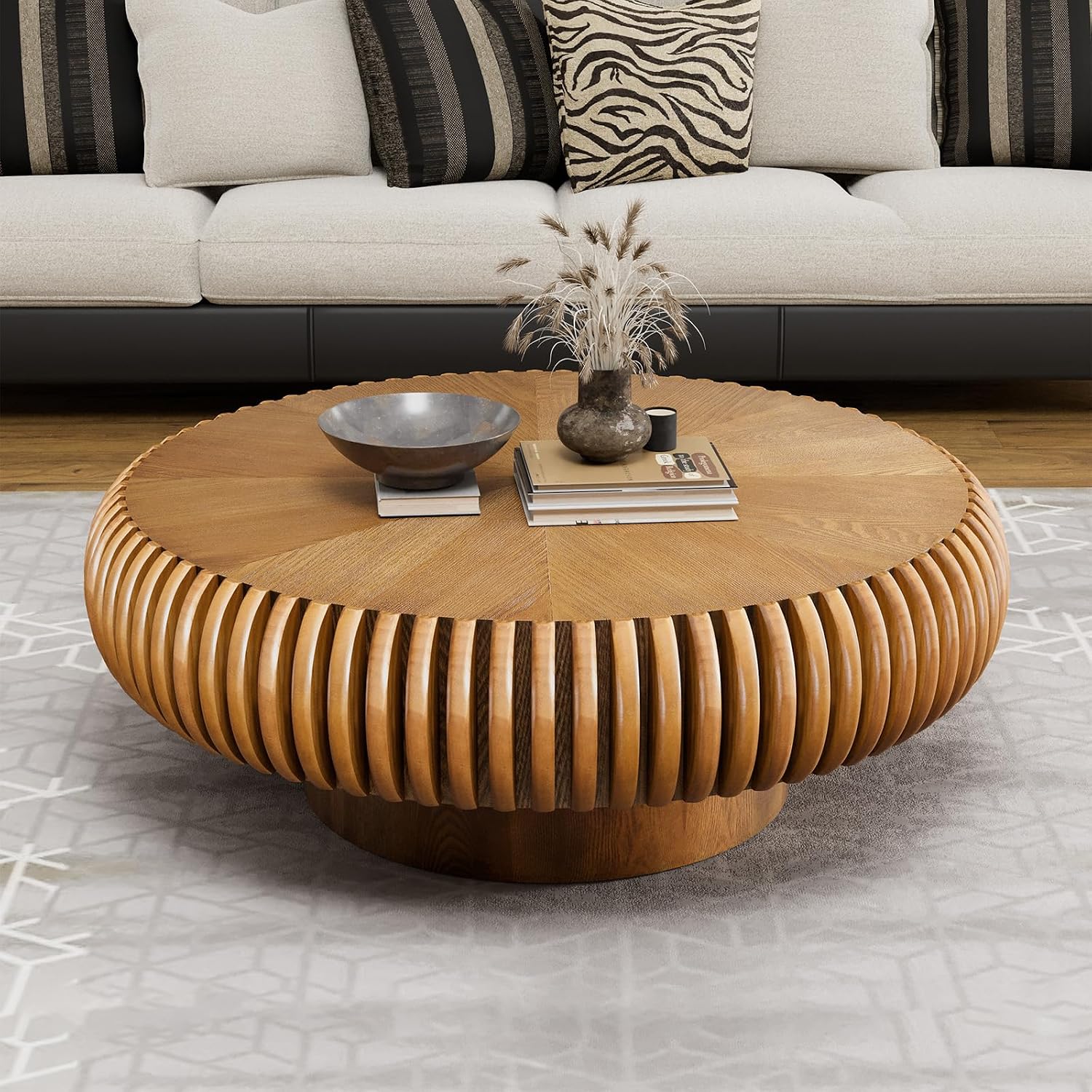 31.5' Round Drum Coffee Table, Modern Fluted Tea Table with Solid Wood Veneer, Wooden Circle Center Table for Living Room, Small Spaces, and Apartments, Easy Assembly