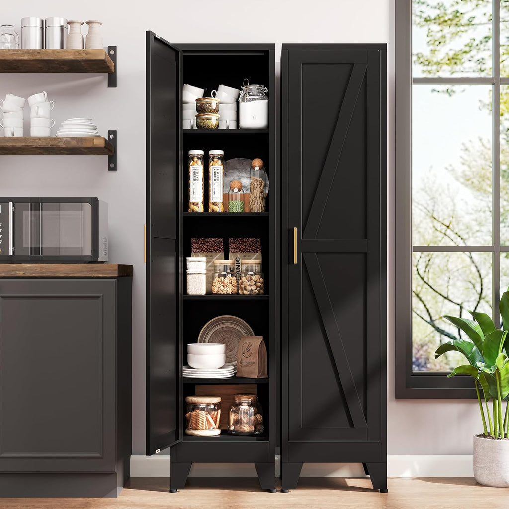 67'H Metal Narrow Kitchen Pantry Cabinet,Black Skinny Pantry Cabinet,Tall Narrow Bathroom Storage Cabinet with Adjustable Shelves,Slim and Thin Pantry Cabinets for Living Room Dining Room