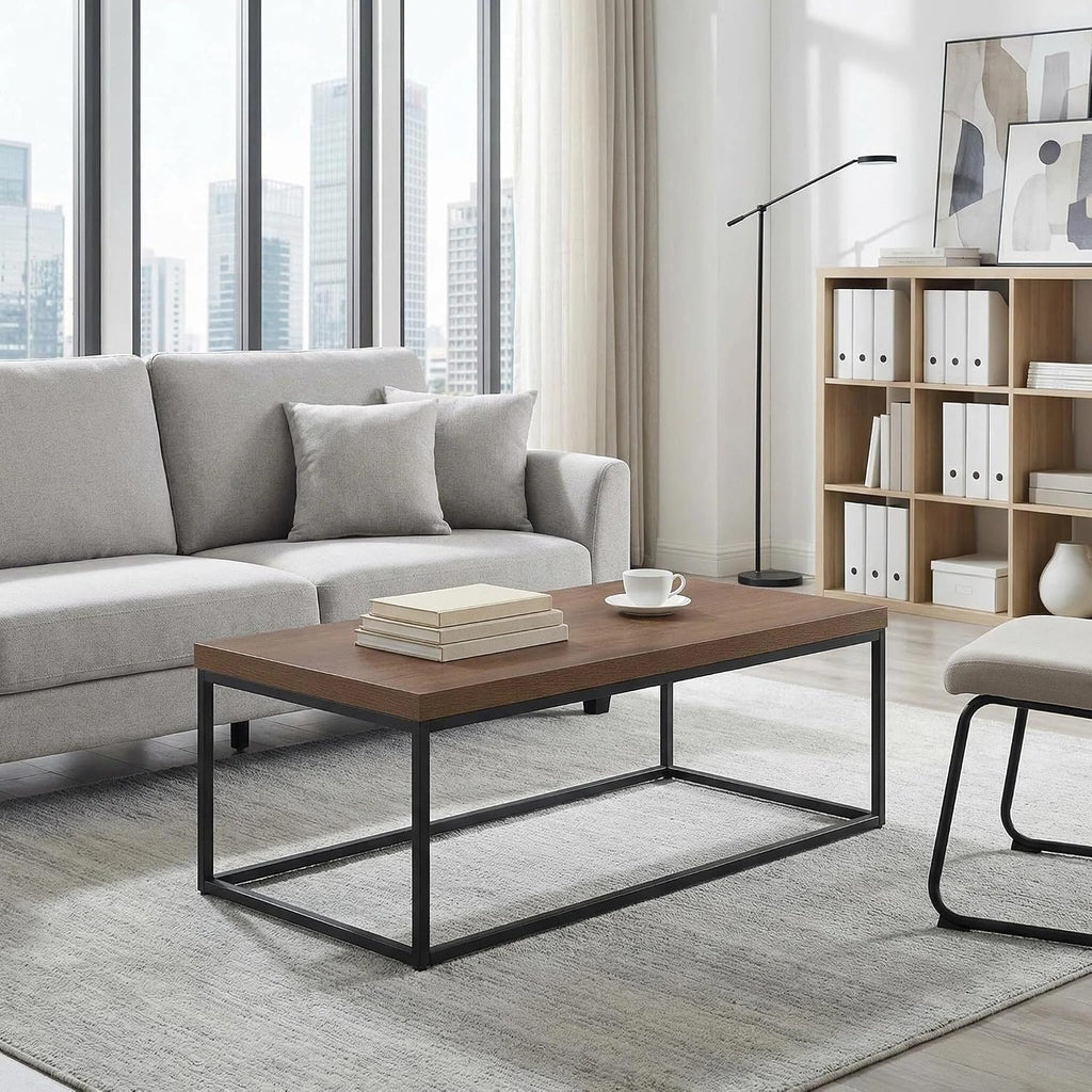 CENSI 47-Inch Dark Walnut Coffee Table for Living Room, Modern Industrial, Rectangular Wood and Metal Center Table with Extra Thick Tabletop (Dark Brown)