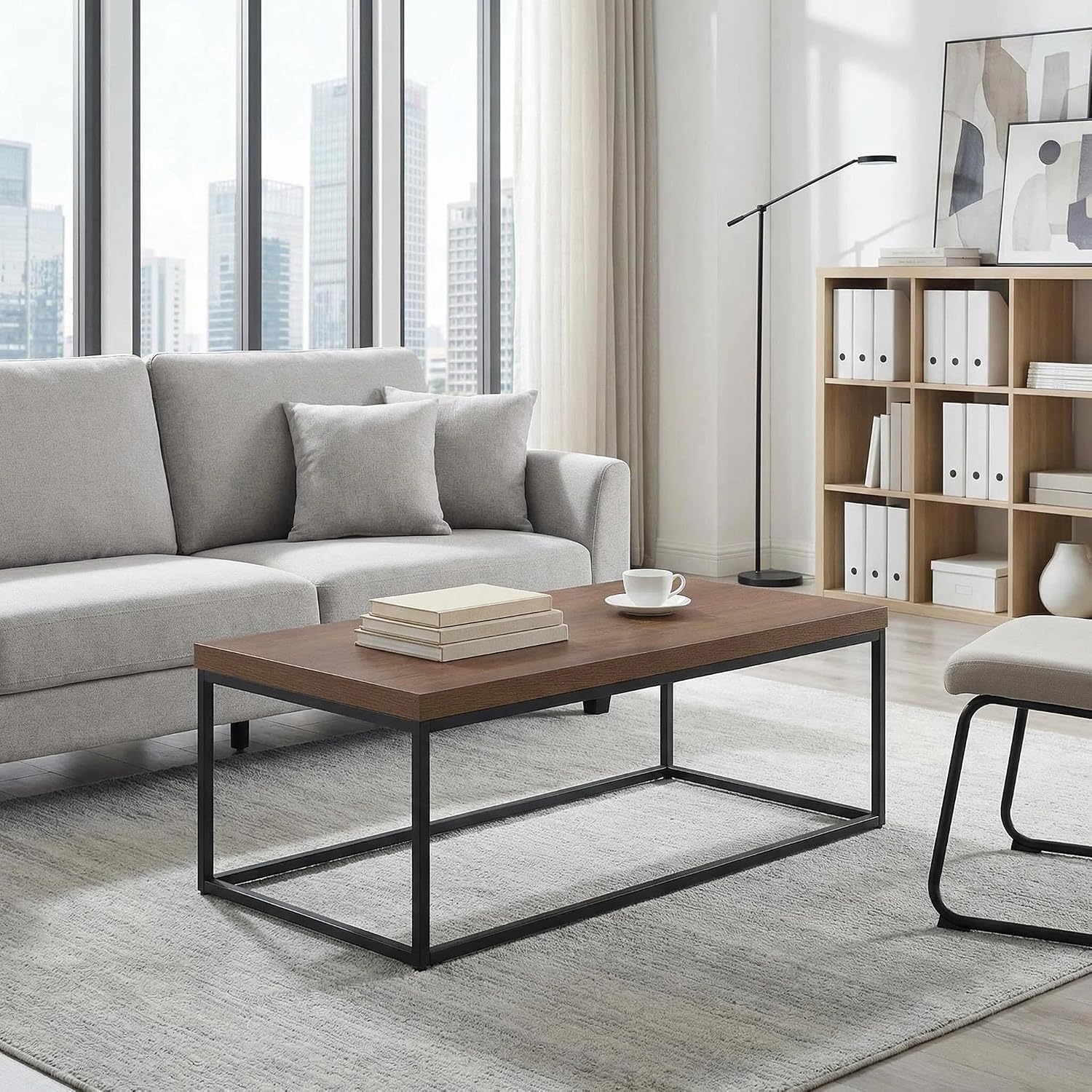 CENSI 47-Inch Dark Walnut Coffee Table for Living Room, Modern Industrial, Rectangular Wood and Metal Center Table with Extra Thick Tabletop (Dark Brown)