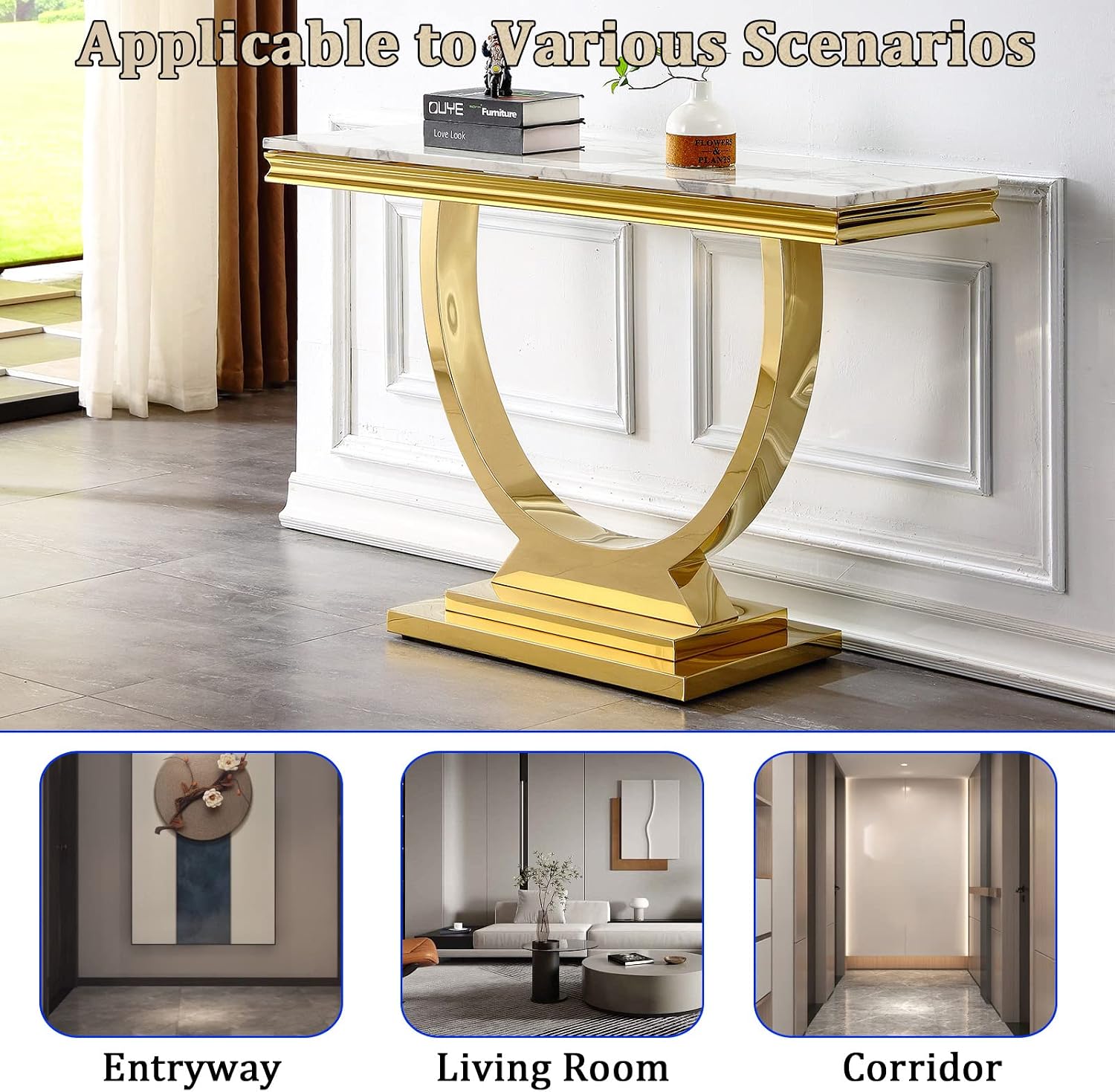 3 Pieces Living Room Table Set, Faux Marble Coffee Table Set of 3, Modern Coffee Table, Console Table and End Table with O-Shaped Stainless Steel Base for Living Room Office (White Gold)
