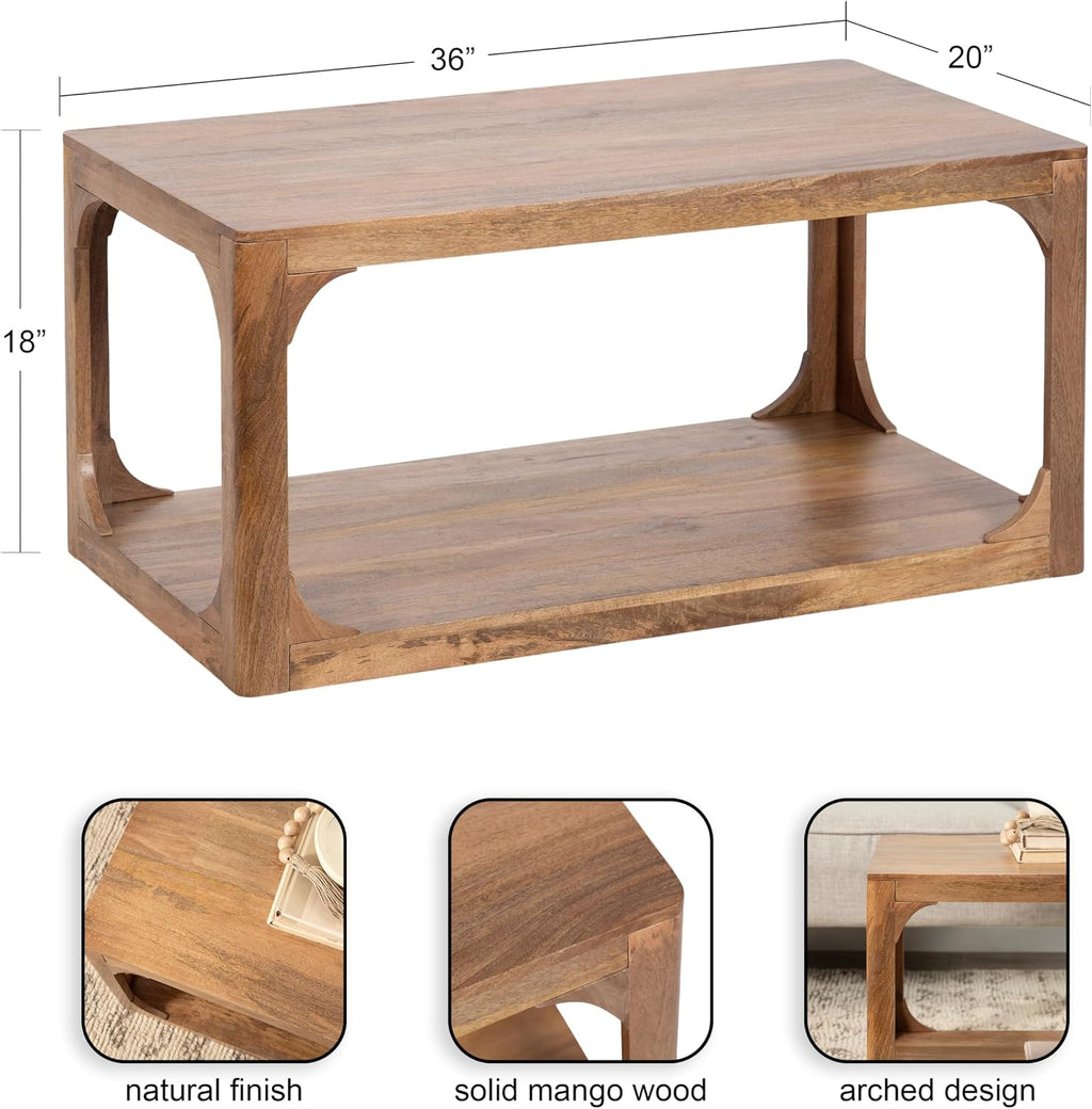 Kate and Laurel Dahl Transitional Rectangular Coffee Table; 36 x 20 x 18; Natural Wood; Modern Rectangle Living Room Table with Solid Mango Wood Construction and Bonus Underlying Storage
