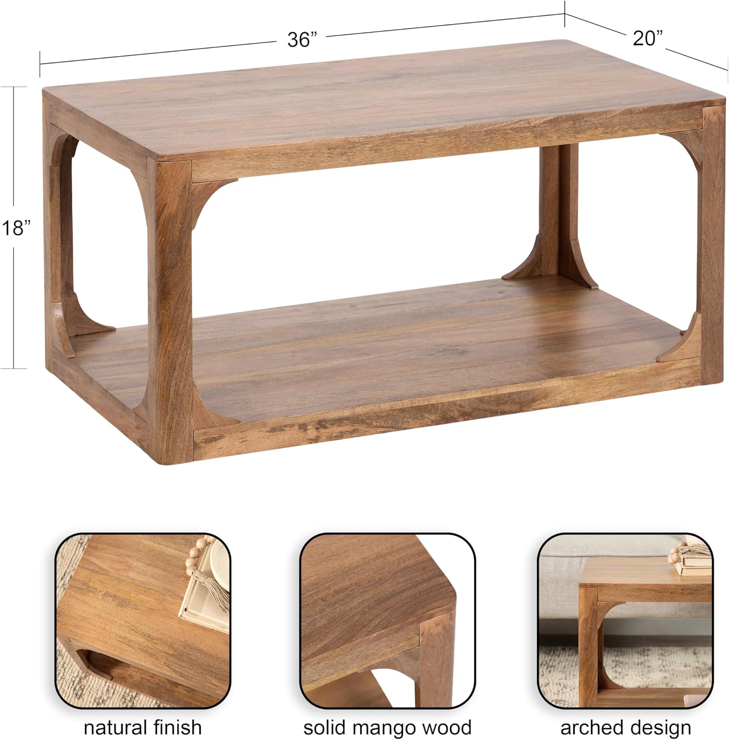 Kate and Laurel Dahl Transitional Rectangular Coffee Table; 36 x 20 x 18; Natural Wood; Modern Rectangle Living Room Table with Solid Mango Wood Construction and Bonus Underlying Storage