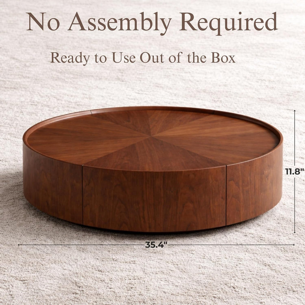 35.4' Round Drum Coffee Table with 2 Drawers, Modern Walnut Wood Storage Coffee Table, Low Profile Circle Cocktail Center Table for Living Room, No Assembly Required
