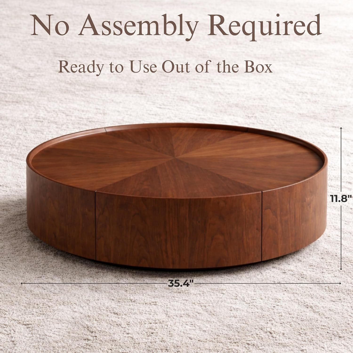 35.4' Round Drum Coffee Table with 2 Drawers, Modern Walnut Wood Storage Coffee Table, Low Profile Circle Cocktail Center Table for Living Room, No Assembly Required