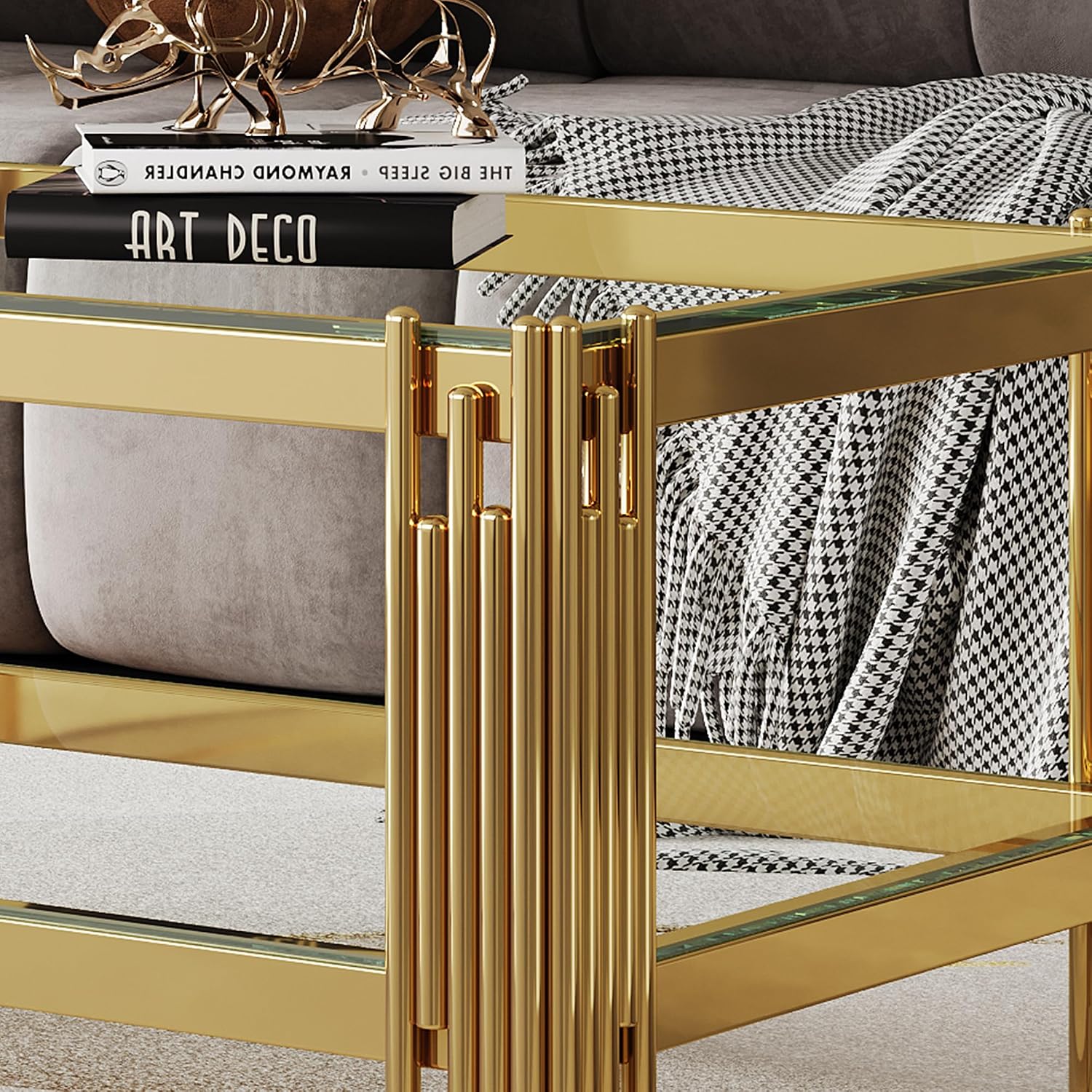 SSLine 3-Piece Living Room Table Set, Modern Clear Glass Coffee Table with 2 End Table, Luxury Rectangle 2-Tier Storage Coffee Table Set with Gold Stainless Steel Frame for Living Room