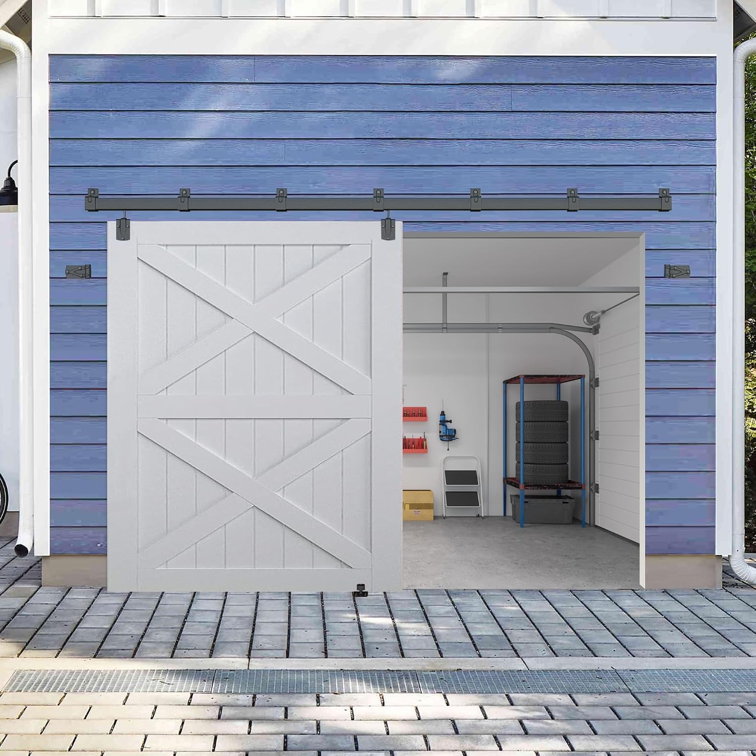 Exterior Barn Door Hardware Kit, BARNSMITH 10FT Sliding Barn Door Hardware Heavy Duty Barn Door Track Kit for Indoor and Exterior Door, Wall Mount Kit, Black (NO Door, Hardware Only)
