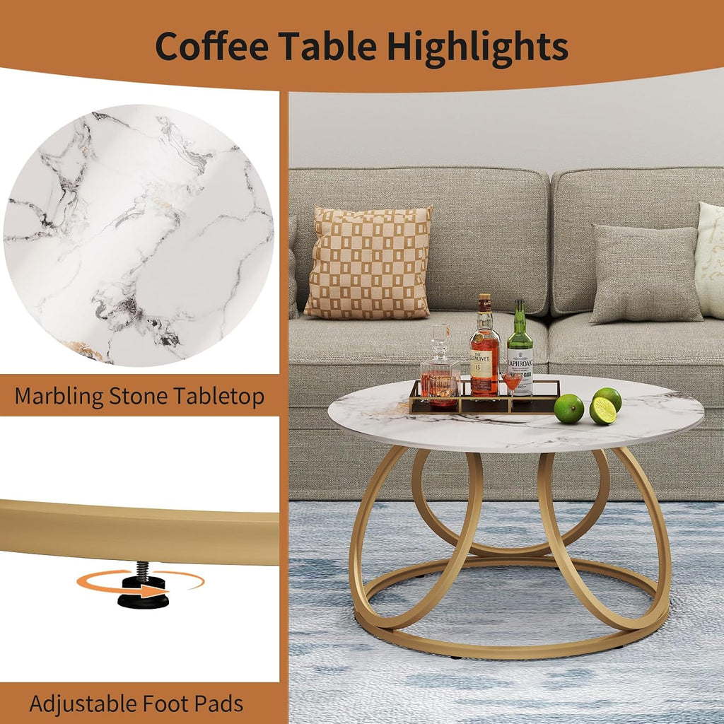 OIOG Round Gold Coffee Table, Modern Coffee Table with Natural Sintered Stone, Marble Look Center Table for Living Room