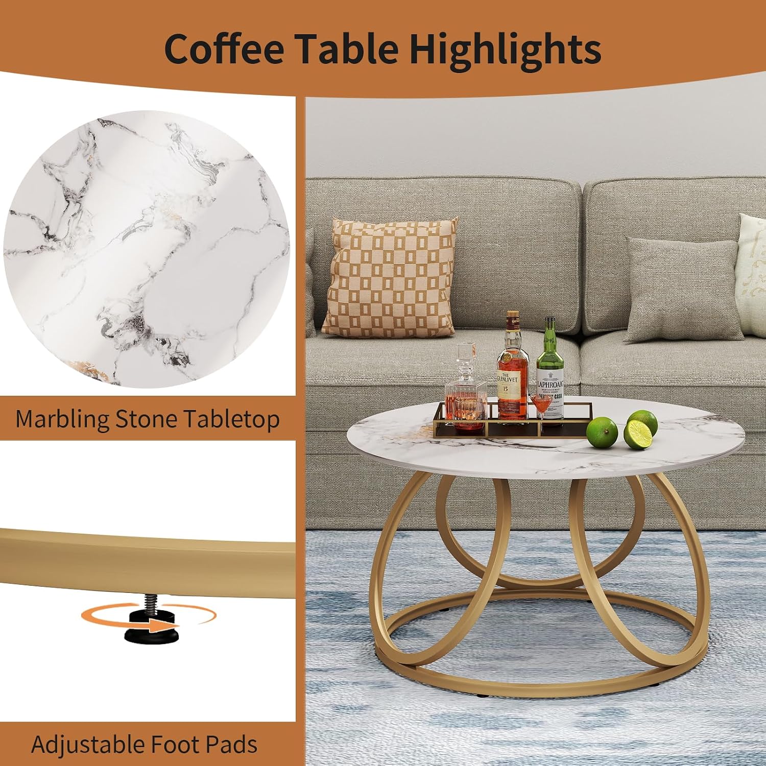 OIOG Round Gold Coffee Table, Modern Coffee Table with Natural Sintered Stone, Marble Look Center Table for Living Room