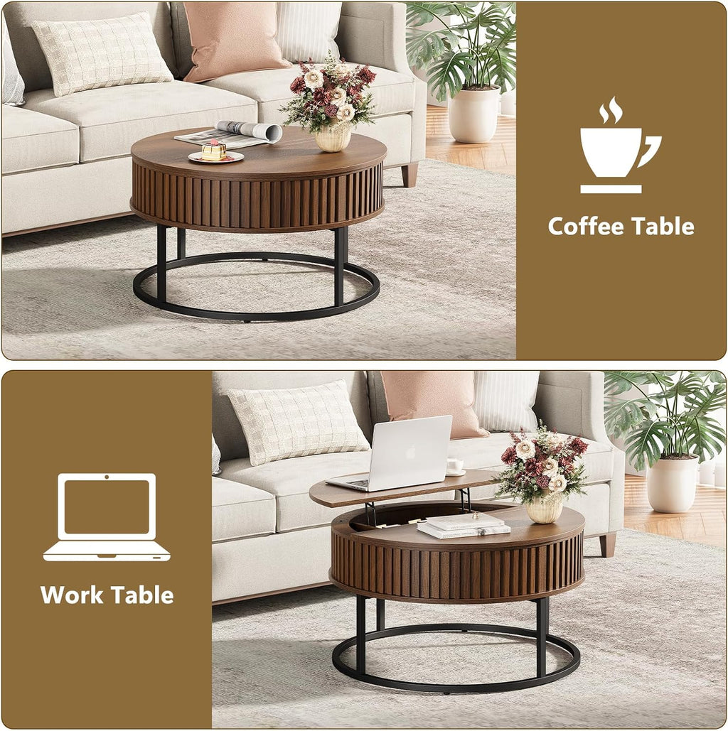 Round Coffee Table with Lift Top - Fluted Wood Center Coffee Tables for Living Room, Lifting Up for Dining, Large Hidden Circle Storage Compartment for Small Spaces, Mid Century Modern