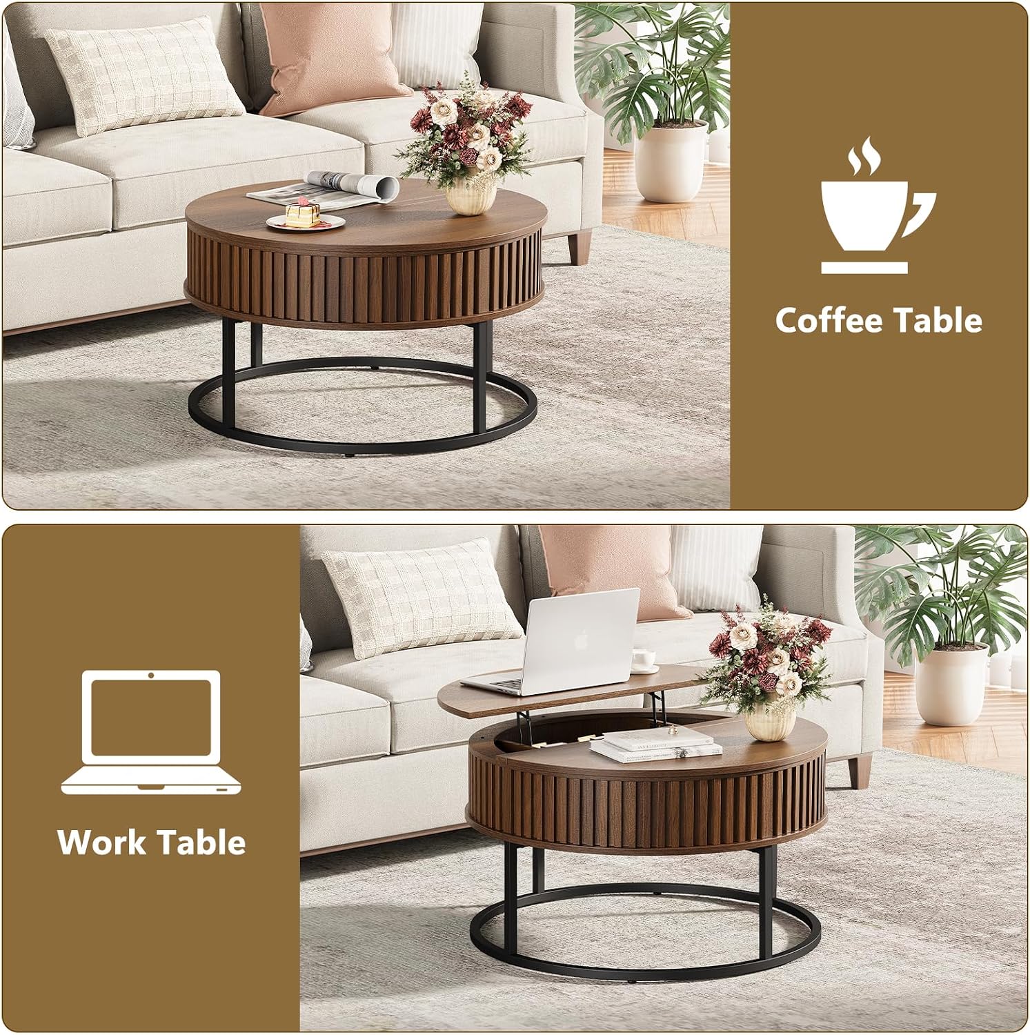 Round Coffee Table with Lift Top - Fluted Wood Center Coffee Tables for Living Room, Lifting Up for Dining, Large Hidden Circle Storage Compartment for Small Spaces, Mid Century Modern