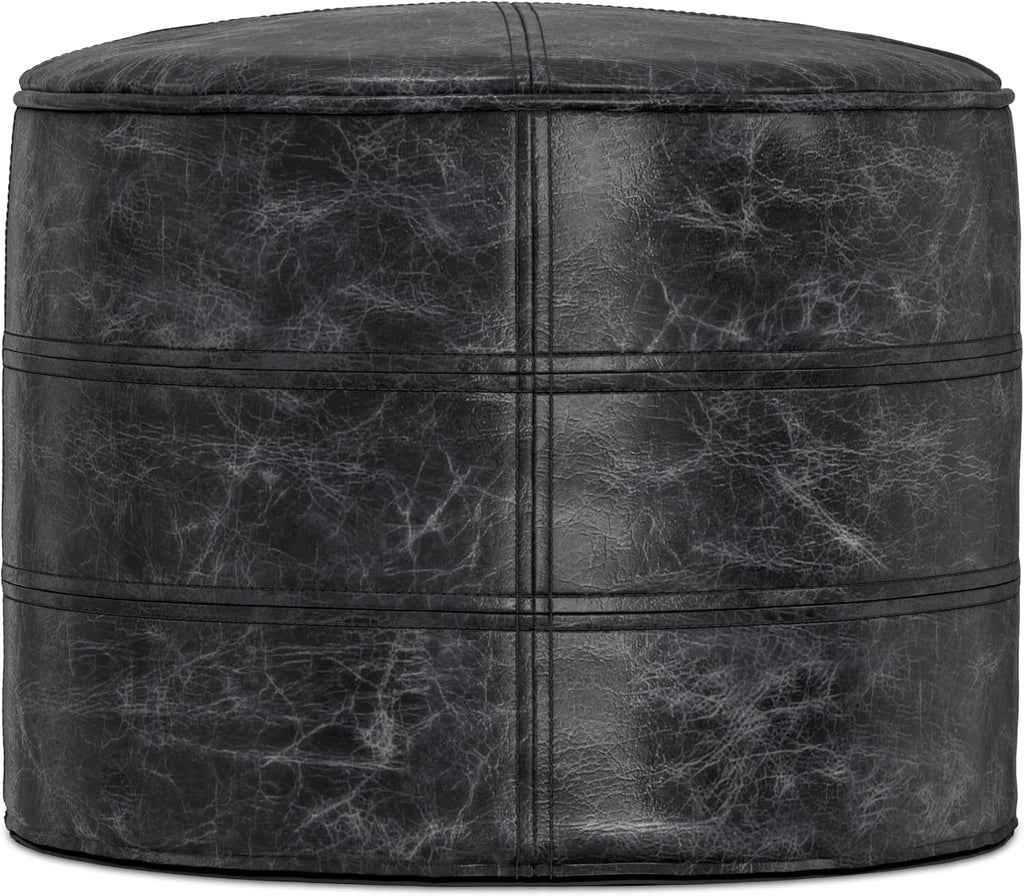 SIMPLIHOME Connor Round Pouf - 18 inch Wide Upholstered Genuine Leather Ottoman in Distressed Black, Boho Footstool or Extra Seating for Living Room or Bedroom with Polystyrene Filling, Assembled