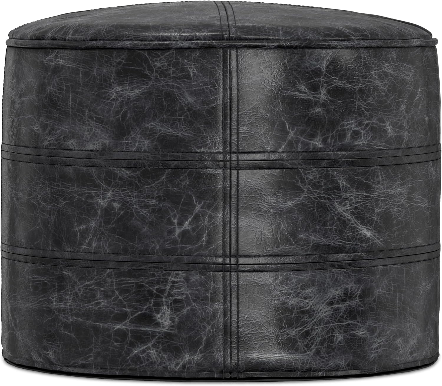 SIMPLIHOME Connor Round Pouf - 18 inch Wide Upholstered Genuine Leather Ottoman in Distressed Black, Boho Footstool or Extra Seating for Living Room or Bedroom with Polystyrene Filling, Assembled