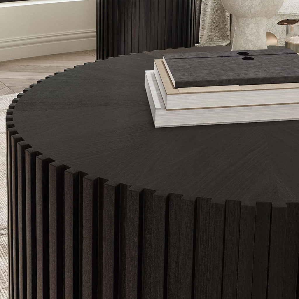 POVISON Mid Century Modern Coffee Table with Fluted Design, 31.5' Round Coffee Table for Living Room, Black Wood Coffee Table for Home Office Apartment