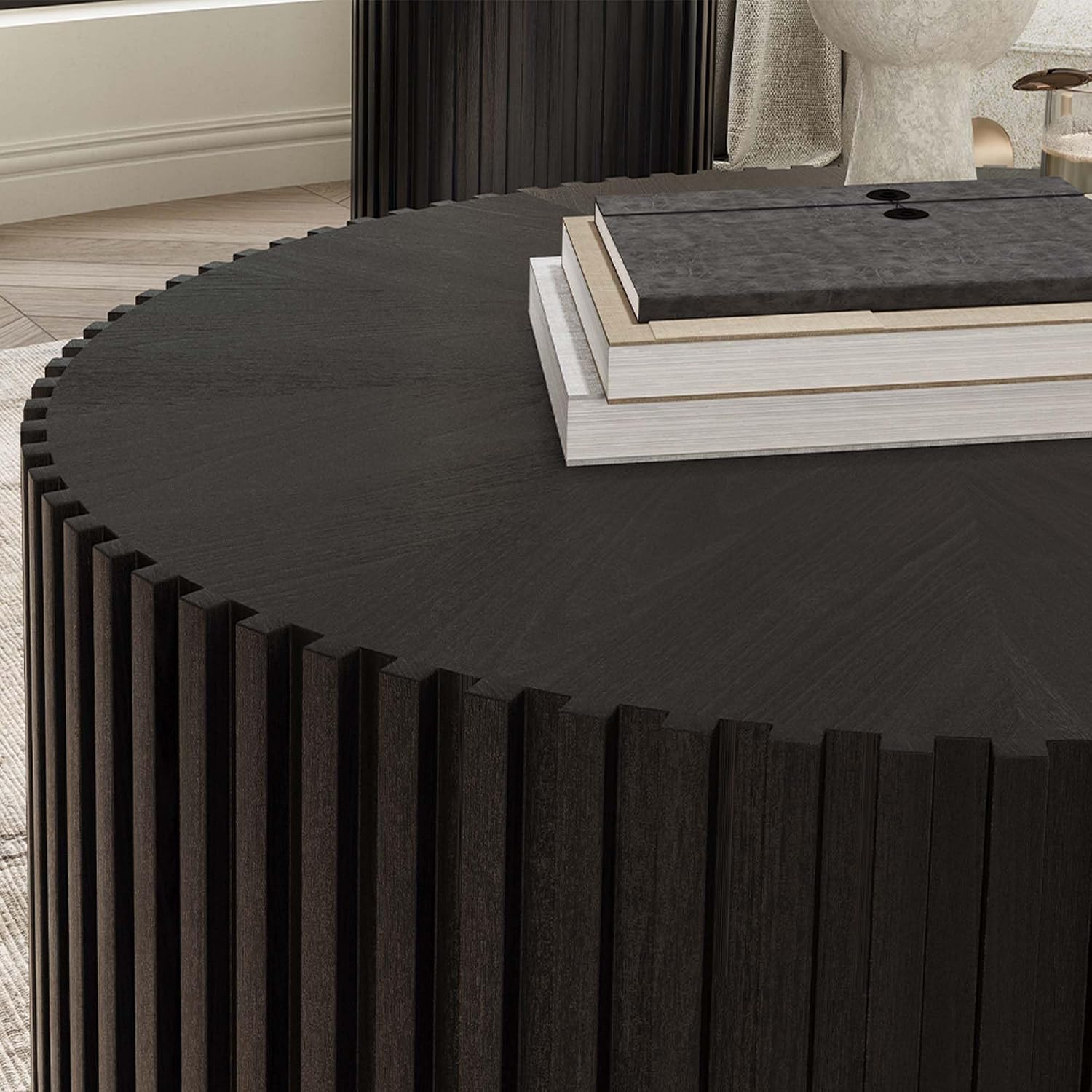 POVISON Mid Century Modern Coffee Table with Fluted Design, 31.5' Round Coffee Table for Living Room, Black Wood Coffee Table for Home Office Apartment