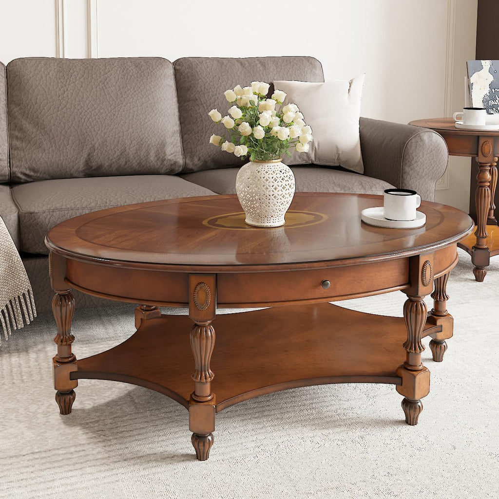 Solid Wood Coffee Table with Drawer and Storage Shelf, Oval Living Room Cocktail Tea Table, Traditional Center Table with Carvings Side Elegant Vintage 45'L x 27.6'Wx18.2'H Caramel Brown KFZ-1533-MG