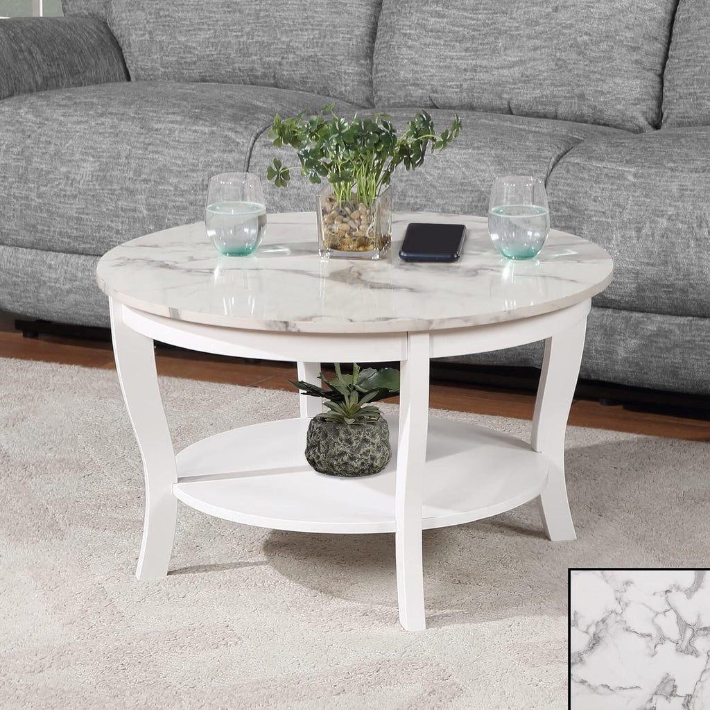 HomeStock Global Greatness Round Coffee Table with Shelf, Wood Finish, Classic Transitional Style Table, Two Tier Spacious Shelving, 30.00 x 30.00 x 18.00 Inch White Faux Marble