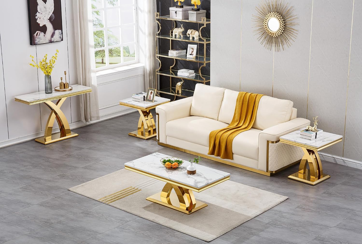 4 Pieces Living Room Table Set, Faux Marble Coffee Table Set of 4, Modern Coffee Table, Console Table and 2 End Tables with X-Shaped Stainless Steel Base for Living Room (White Gold)