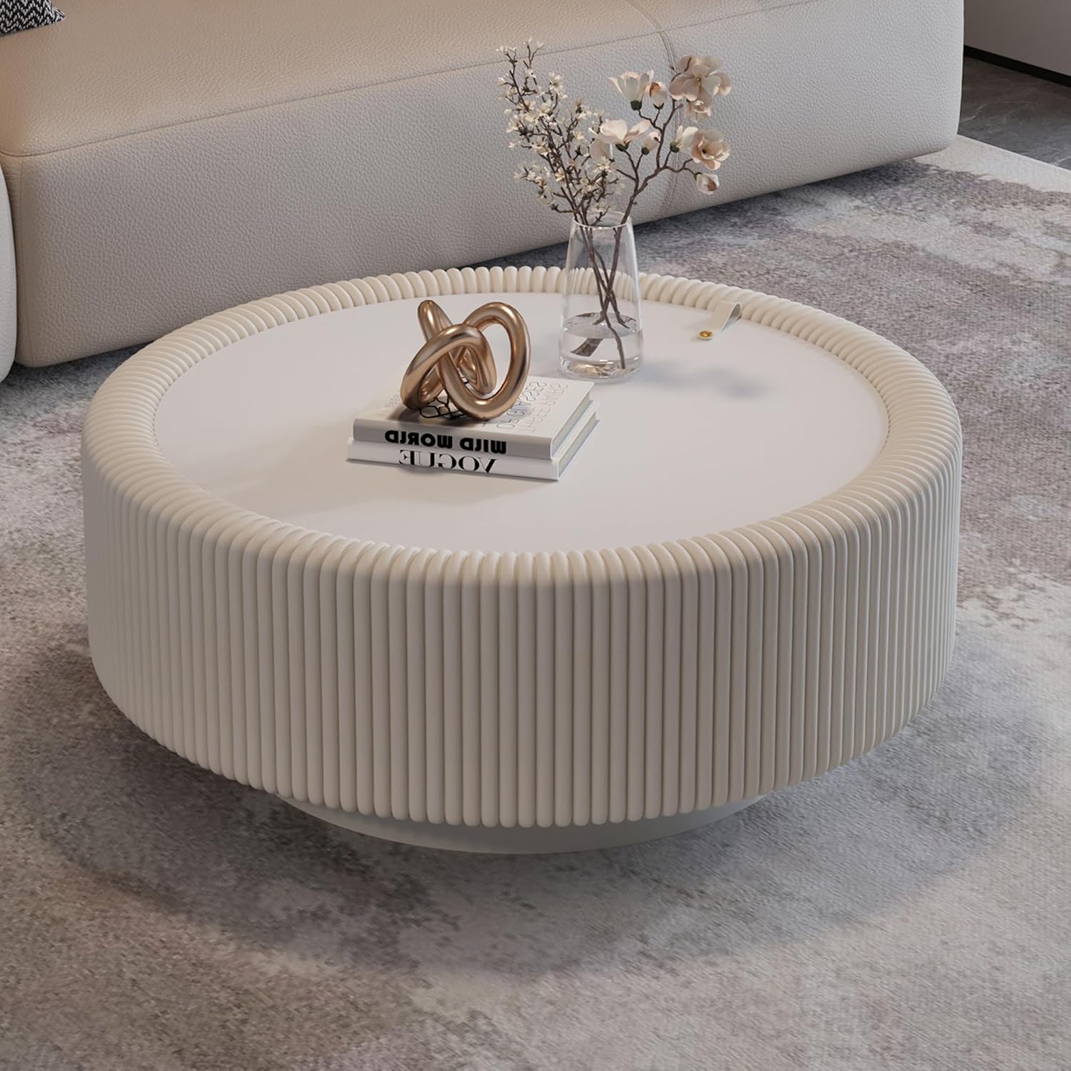 White Round Fluted Coffee Table with Hidden Storage, 31.5' Drum Coffee Table with Tempered Glass Top, PU Leather Body, Baked Enamel Metal Base, Modern Minimalist Circle Tea Table