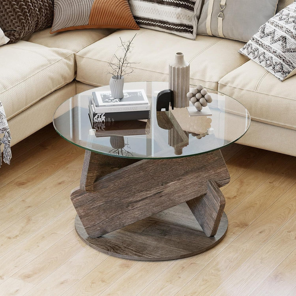 Giantex Glass Round Coffee Table, 32 Inch Modern Center Table with Clear Tempered Glass Top, Solid Wood Legs, Farmhouse Living Room Tables for Small Space, Apartment, Grey Oak