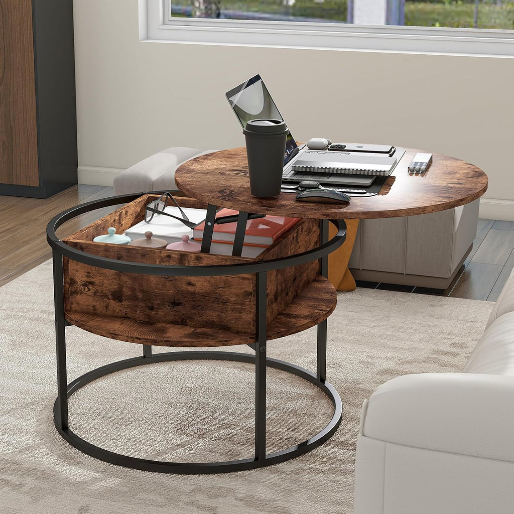 HOJINLINERO Round Lift Top Coffee Table,with Storage Hidden Compartment,Wood Farmhouse Coffee Table Decor,Center Table for Living Room