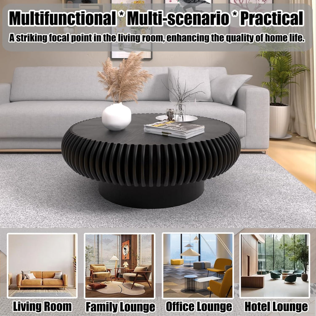 31.5' Round Drum Coffee Table, Modern Fluted Coffee Tables with Solid Wood Veneer, Wooden Circle Center Table for Living Room, Small Spaces, and Apartments, Easy Assembly
