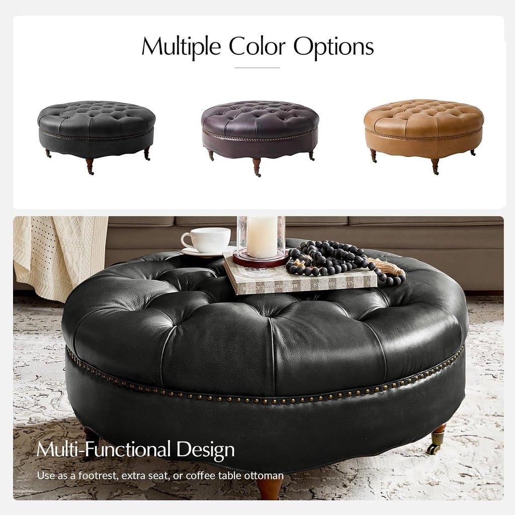HULALA HOME 40' Genuine Leather Coffee Table, Large Round Button Tufted Coffee Table with Rolling Wheels, Solid Wood Legs, Nailhead Trim, Upholstered Ottoman Seating for Living Room, Black