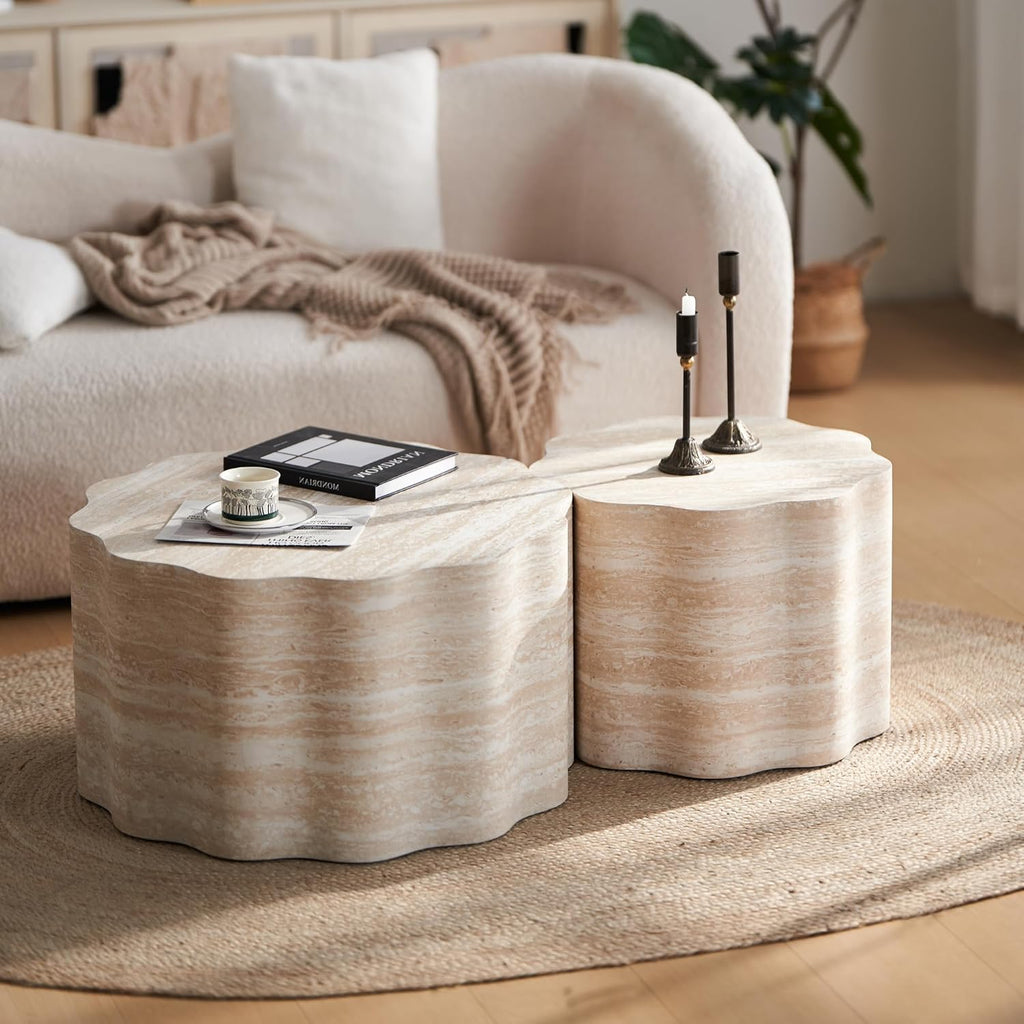 23.6''+26.7'' Set of 2 Faux Mars Pattern Round Coffee Tables, Modern Mini Side Tables Accent End Table for Apartment, Office, Living Room, (Beige Brown)