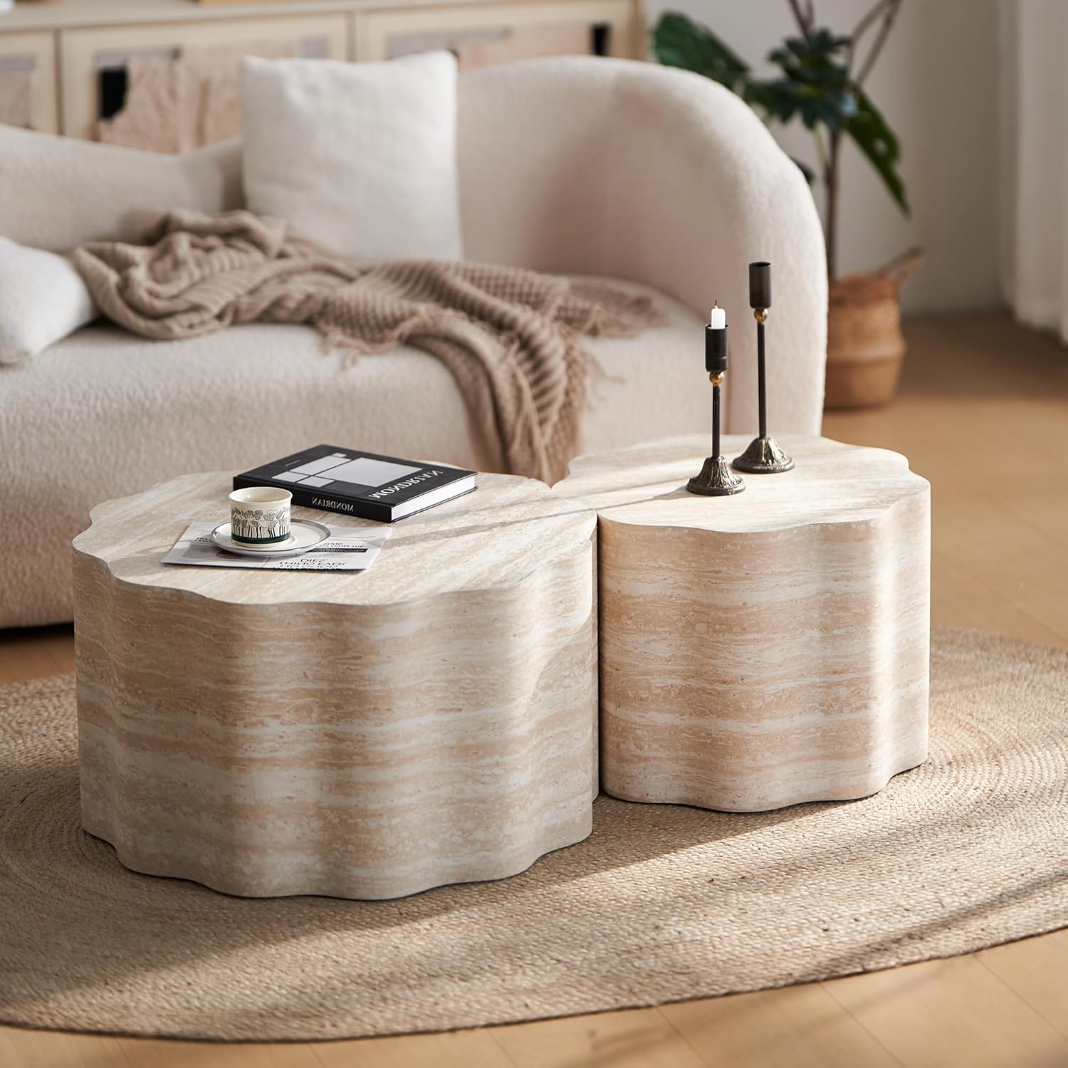 23.6''+26.7'' Set of 2 Faux Mars Pattern Round Coffee Tables, Modern Mini Side Tables Accent End Table for Apartment, Office, Living Room, (Beige Brown)