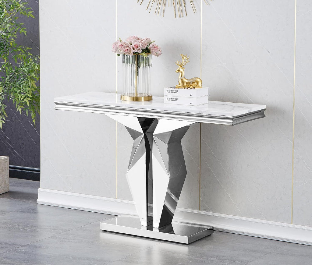 3 Pieces Living Room Table Set, Faux Marble Coffee Table Set of 3, Modern Coffee Table, Console Table and End Table with Y-Shaped Stainless Steel Base for Living Room (White Silver)