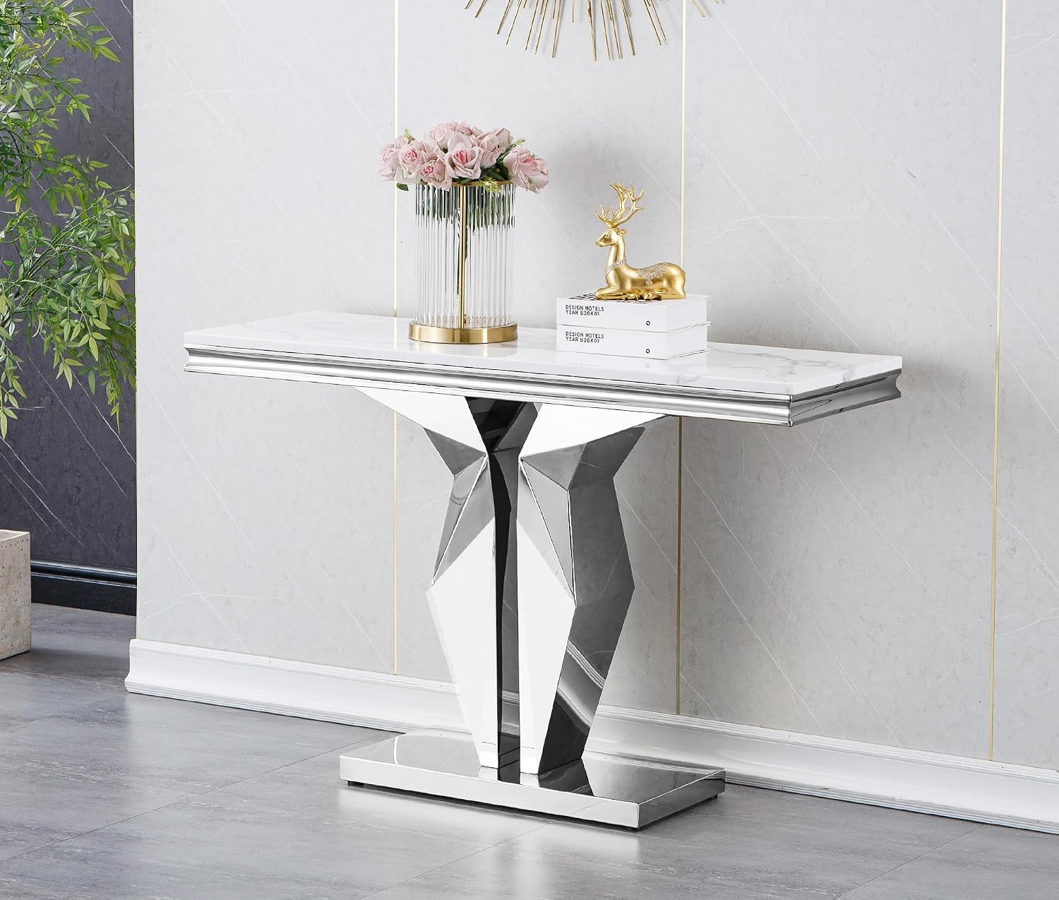 3 Pieces Living Room Table Set, Faux Marble Coffee Table Set of 3, Modern Coffee Table, Console Table and End Table with Y-Shaped Stainless Steel Base for Living Room (White Silver)