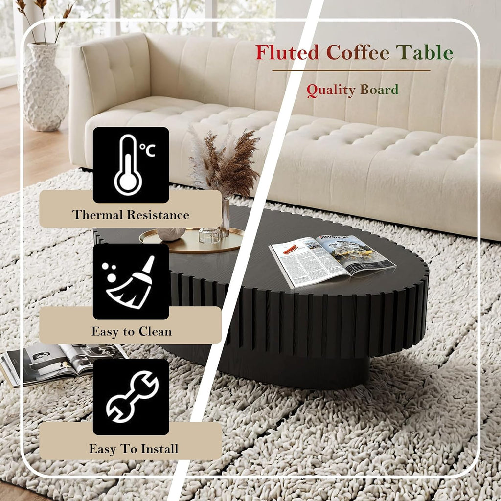 Handcraft Fluted Coffee Table 43.3' Oval Drum Center Tables with Sturdy Pedestal Easy to Assembly for Living Room Apartment Farmhouse (Oval Black 43.3in)
