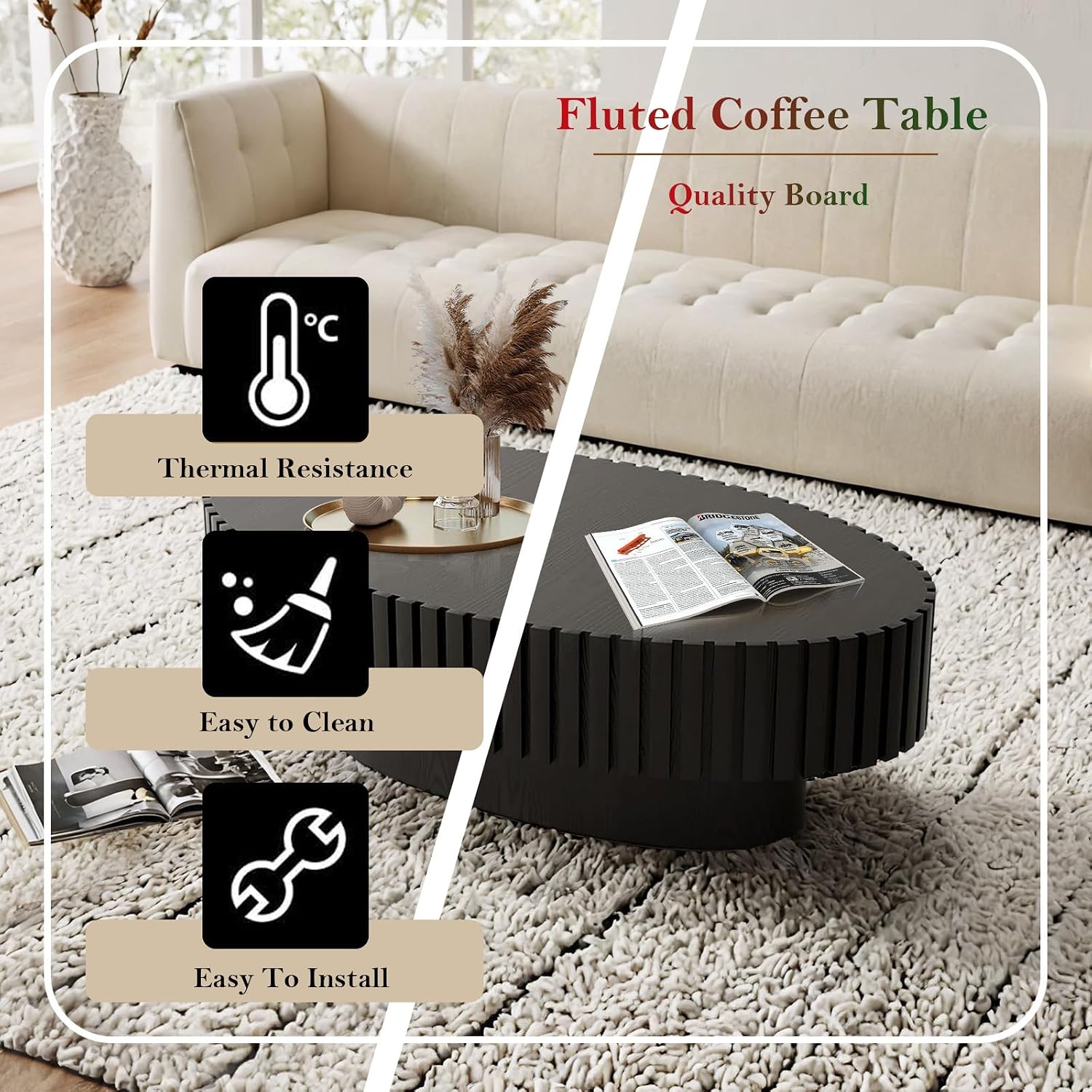 Handcraft Fluted Coffee Table 43.3' Oval Drum Center Tables with Sturdy Pedestal Easy to Assembly for Living Room Apartment Farmhouse (Oval Black 43.3in)