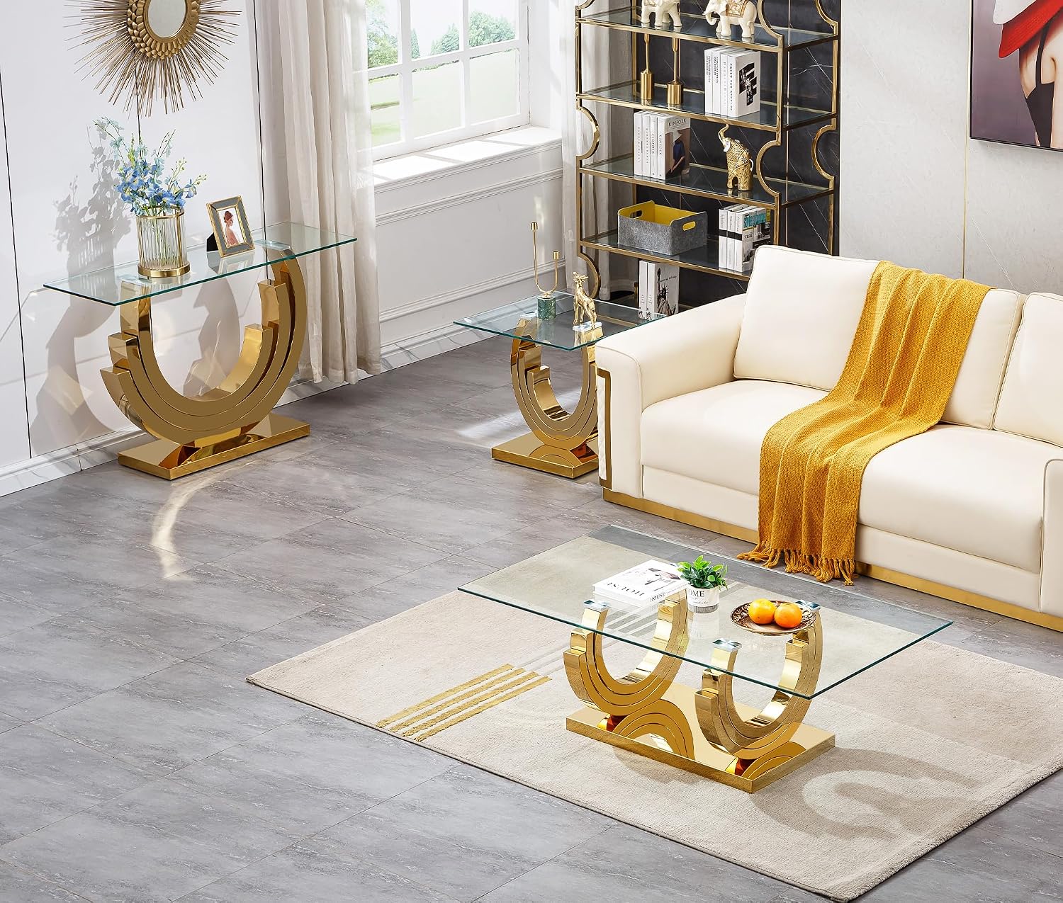3 Pieces Living Room Table Set, Glass Coffee Table Set of 3, Modern Coffee Table, Console Table and End Table with Three U-Shaped Stainless Steel Base for Living Room (Gold)