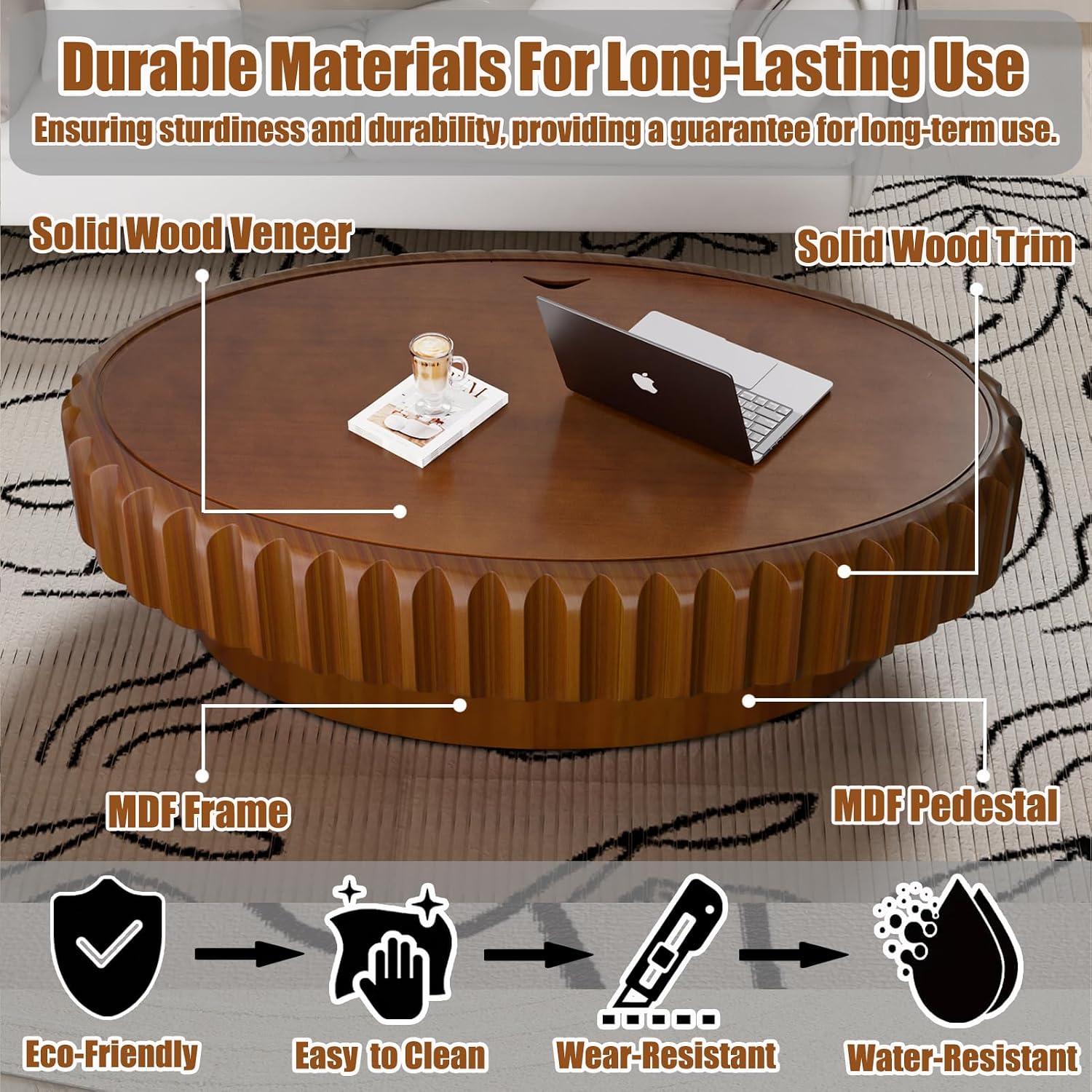 43.3' Oval Drum Coffee Table with Hidden Storage, Modern Fluted Coffee Tables with Solid Wood Veneer, Wooden Center Table for Living Room, Bedroom, Apartment, Easy Assembly