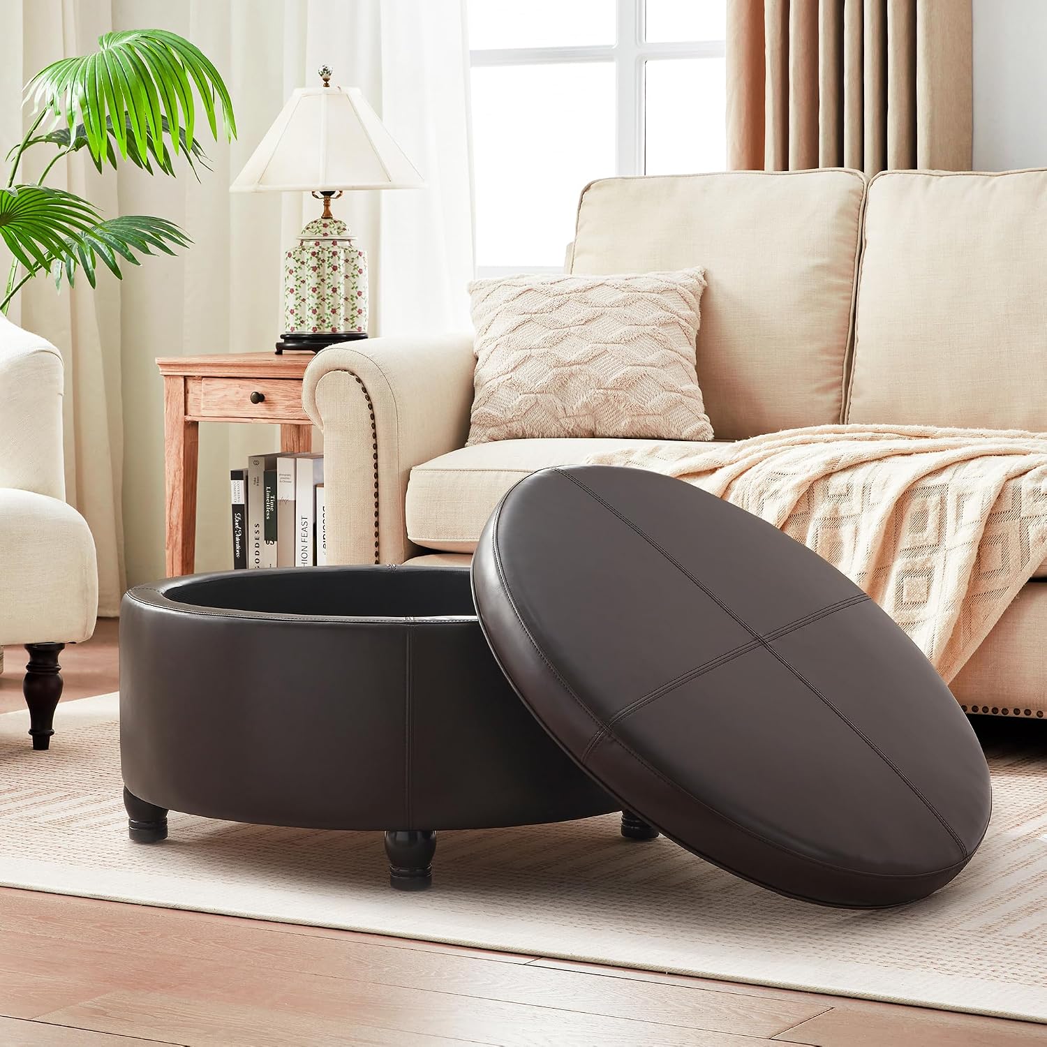 30-Inch Round Storage Ottoman, Modern Ottoman Coffee Table with Removable Top for Living Room, Bedroom, Office (Brown)