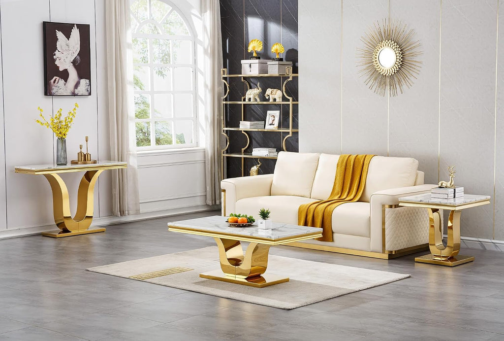 Marble Coffee Tables Set of 3, Modern White Marble Living Room Table Set with Gold Stainless Steel Base, Rectangle Coffee End Tables and Console Table Sets for Living Room Bedroom