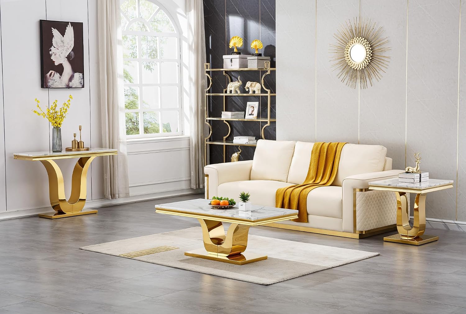 3 Pieces Living Room Table Set, Faux Marble Coffee Table Set of 3, Modern Coffee Table, Console Table and End Table with U-Shaped Stainless Steel Base for Living Room (White Gold)
