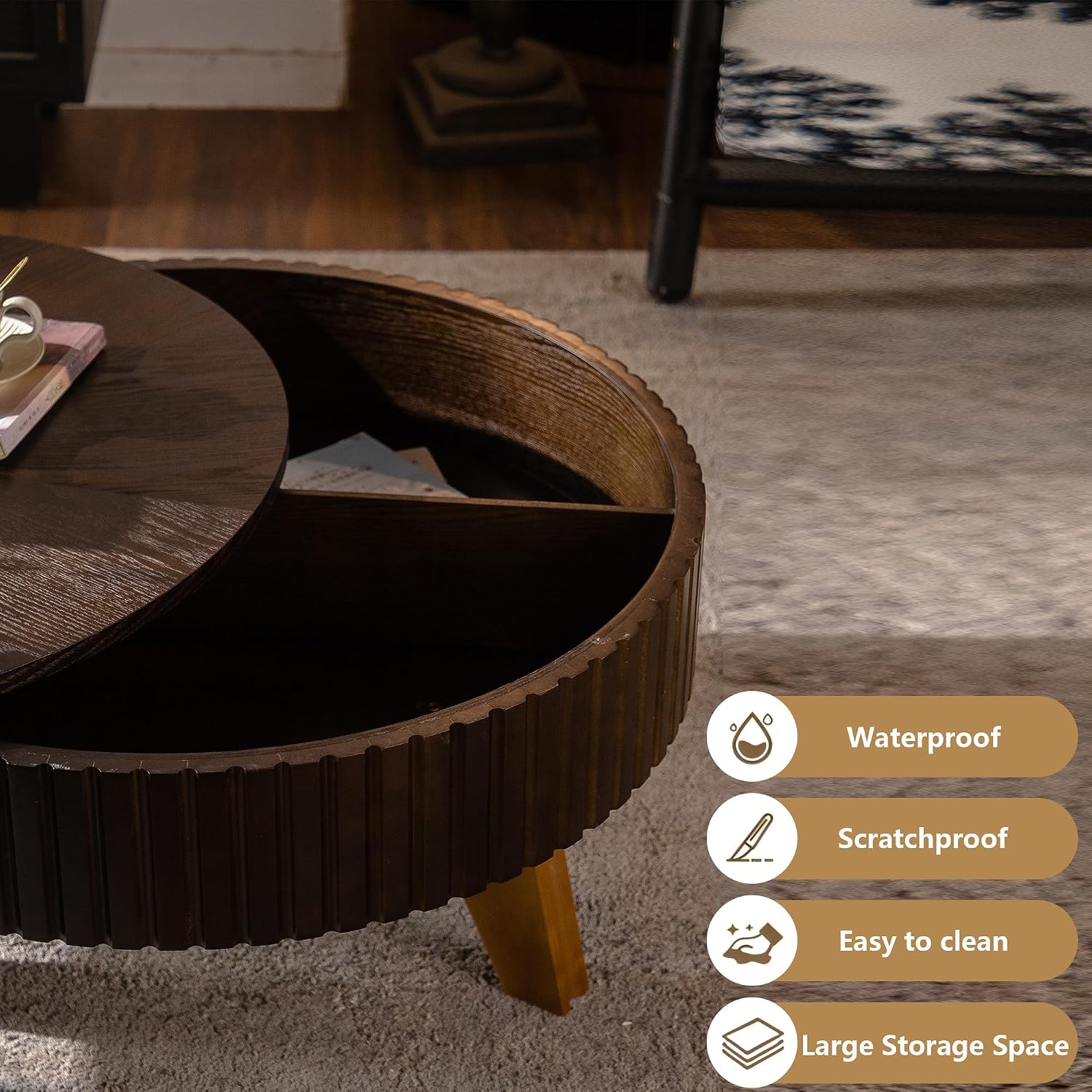 Setawix 31.5' Round Coffee Table with Storage Space, Small Side Tea End Table for Living Room, Wooden Rustic Coffee Table, Storage Entry Way Table, Brown