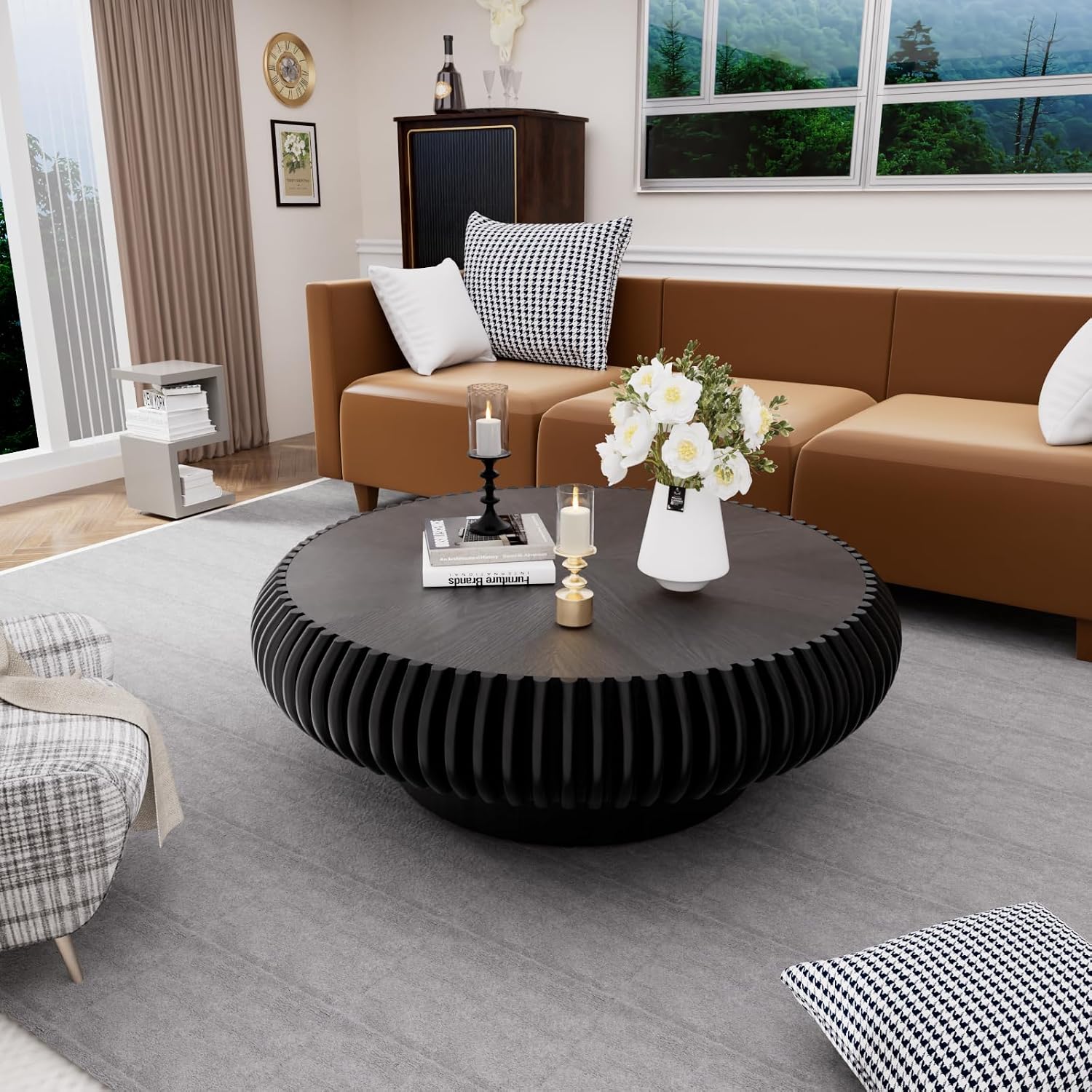 Round Coffee Table for Living Room Modern Black Fluted Coffee Table Round Drum Coffee Tables Low Circle Pedestal Center Table for Small Spaces (A Black, 39.3 in)