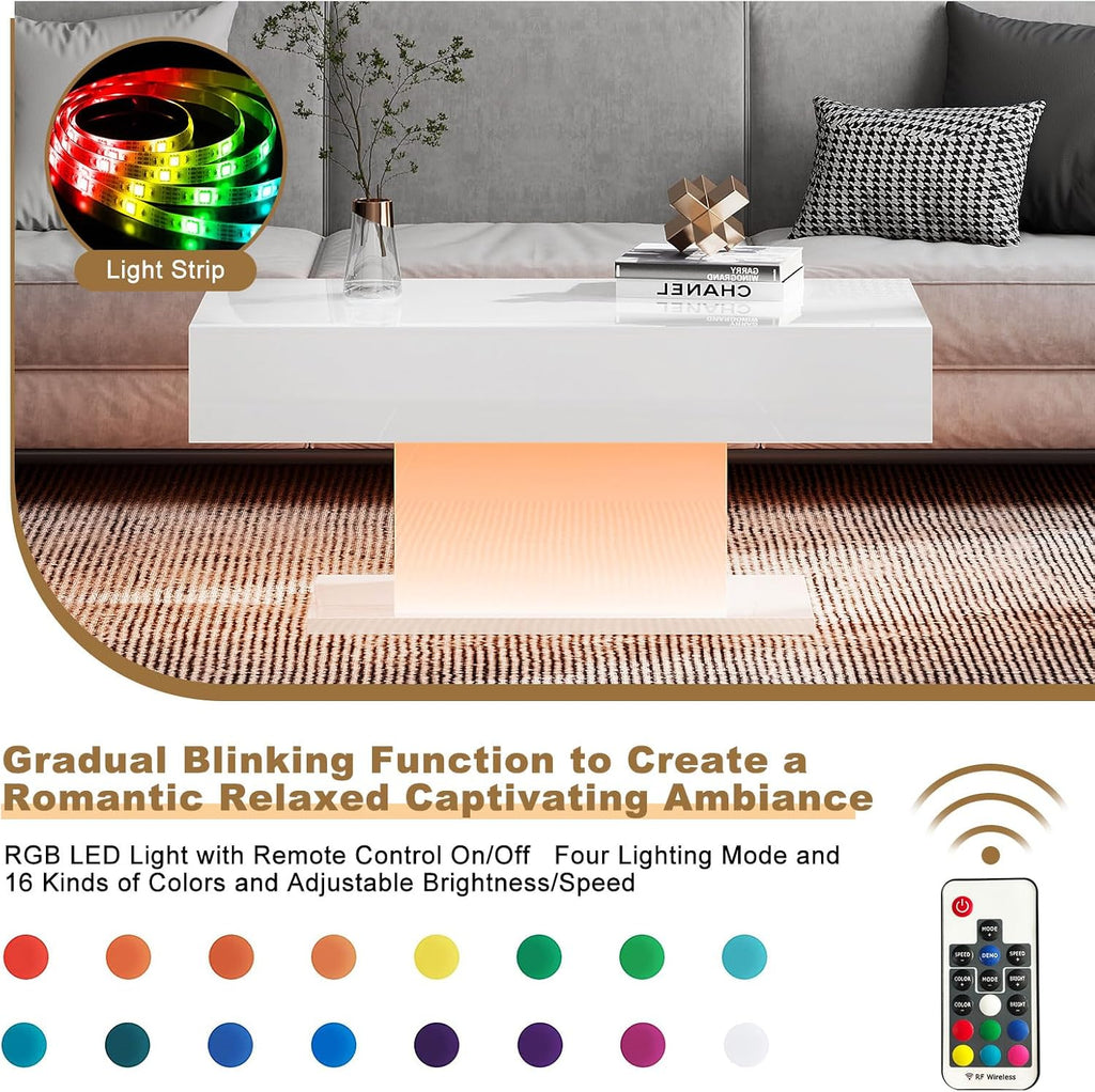 HedoAjim Led Coffee Table for Living Room, Living Room Table Rectangular Center Table, Modern High Glossy Wooden Coffee Tables with 16 Colors LED Lights for Dining Reception Room, White
