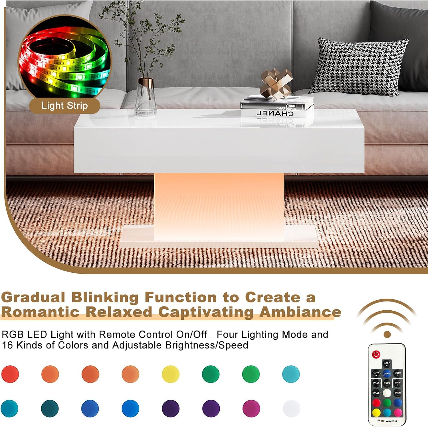 HedoAjim Led Coffee Table for Living Room, Living Room Table Rectangular Center Table, Modern High Glossy Wooden Coffee Tables with 16 Colors LED Lights for Dining Reception Room, White