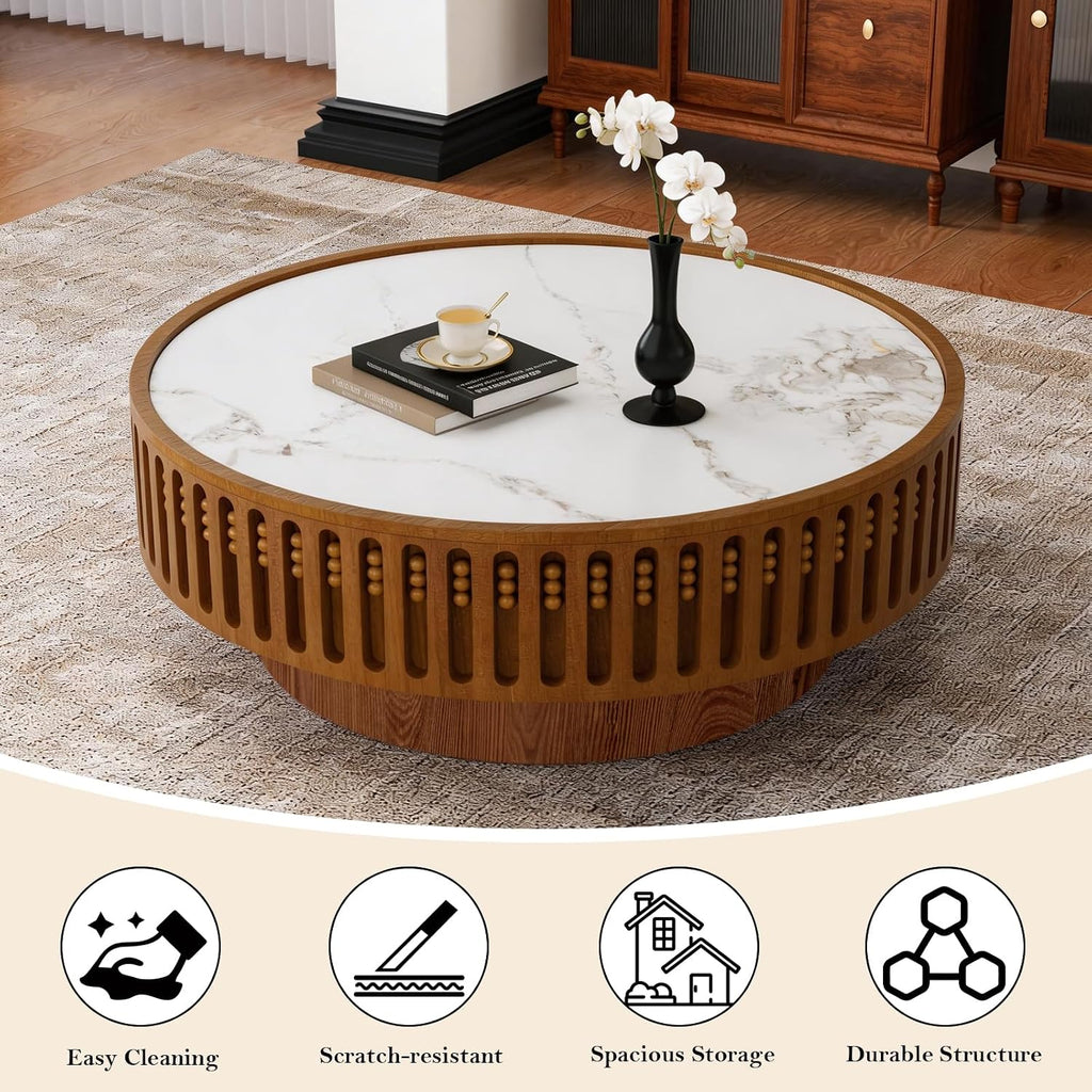 35.43' Round Fluted Coffee Table - Chic Handcraft Fluted Design Unique Contemporary Wood Low Circle Drum Tea Tables with Spacious Rock Slab Tabletop for Small Space (G 35.4in)