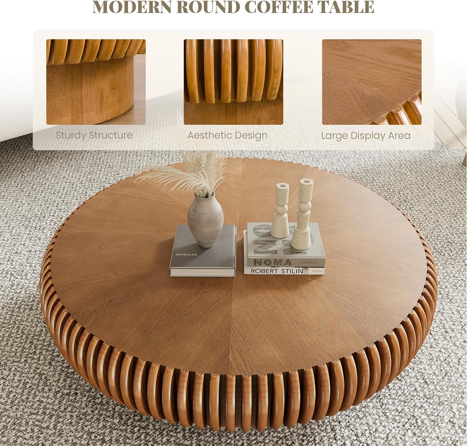 Modern Unique Round Fluted Coffee Table, Brown Wood Circle Coffee Tables, Contemporary Round Drum Accent Center Table for Living Room Reception Room