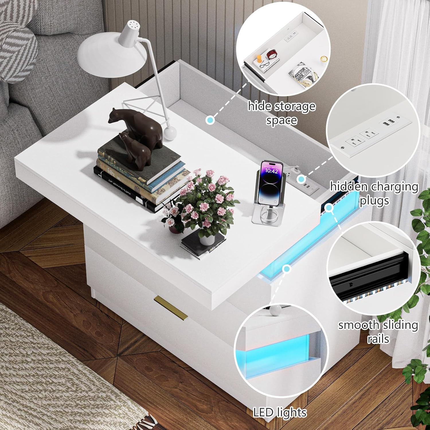 White Nightstand with Charging Station and LED Light,30.5'' Tall Night Stand with Sliding Top for Bedroom, Bedside Table with 3 Drawers, Modern End Side Table for Living Room