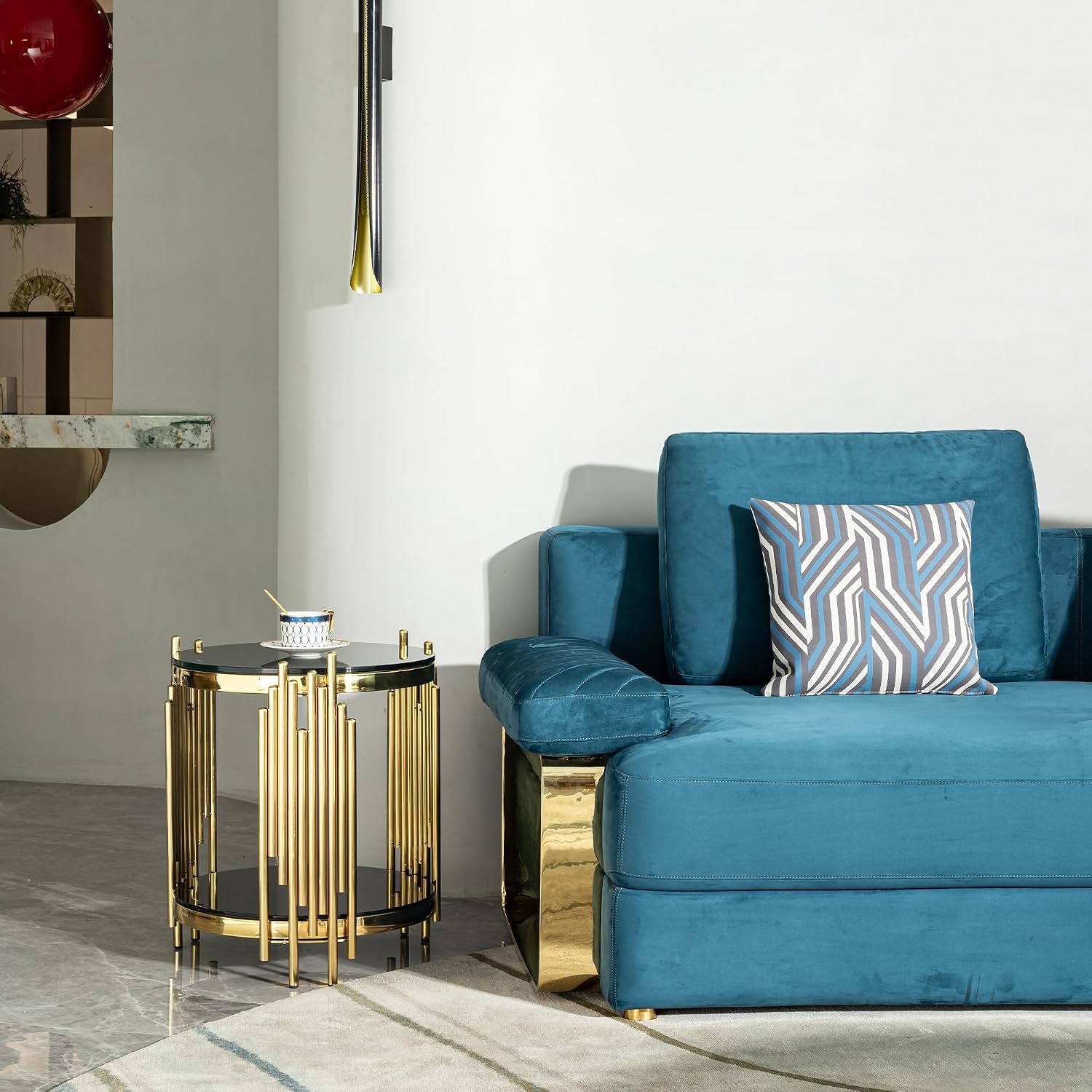 17.72' Black and Gold Tempered Glass Coffee Table with Storage, Luxury Circle Center Table with Shelf, 2 Tier Round CoffeeTable for Living Room Modern Mirror CoffeeTable, Circular Stainless Steel Base