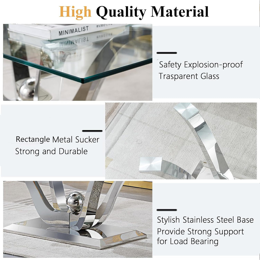 Mid Century Modern Coffee Table, Rectangle Silver Coffee Table, Tempered Glass Top & Flower Shape Stainless Steel Base, Minimalist Center Cocktail Sofa Side Table Glass Coffee Table for Living Room