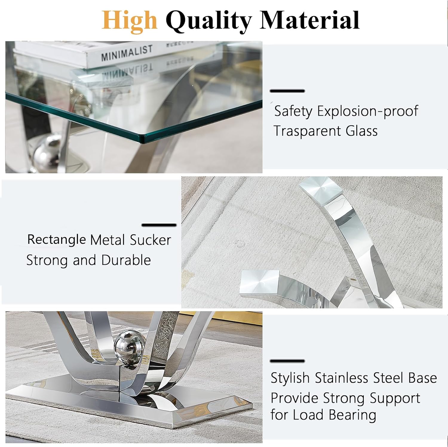Mid Century Modern Coffee Table, Rectangle Silver Coffee Table, Tempered Glass Top & Flower Shape Stainless Steel Base, Minimalist Center Cocktail Sofa Side Table Glass Coffee Table for Living Room