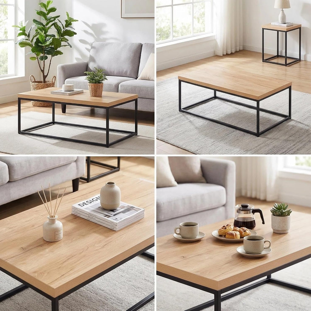 CENSI 47 Inch Oak Coffee Table for Living Room, Modern Industrial Center Table with Extra Thick 40mm Wood Top, Natural White Oak Finish, Rectangle Cocktail Table